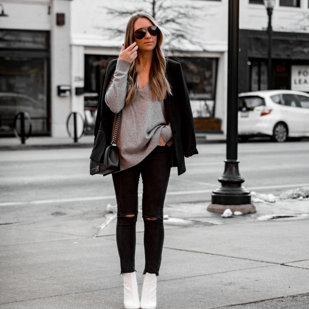 white boots black jeans